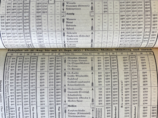 Fahrplan Ein Fahrplan aus dem Jahr 1933. Zwei Seiten zeigen die Fahrten zwischen Hernrnskretschen (Hrensko) und Leitmeritz (Litomerice) und zwischen Dresden, Meißen und Mühlberg.